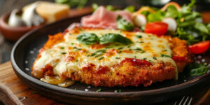 Bife à Parmegiana suculento e gratinado que lembra almoços especiais em família