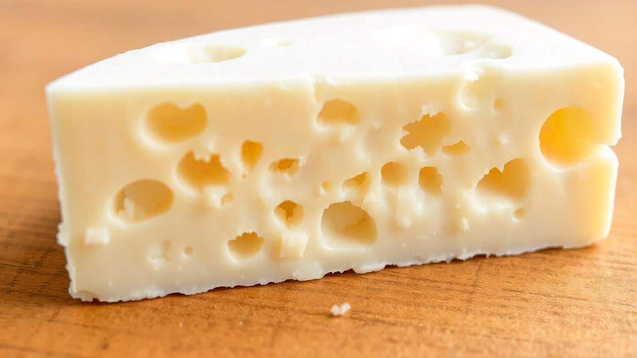 pikaso texttoimage A slice of white cheese with visible holes and a c