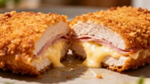 Um filé dourado que revela, ao corte, queijo derretendo e presunto bem acomodado