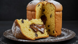 Um panetone macio que se abre no meio revelando um mar de creme de chocolate