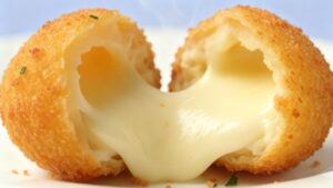 Bolinha de queijo dourada, crocante por fora e com aquele queijo quente que escapa na primeira mordida