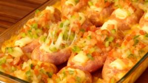 Linguiças suculentas recheadas com vinagrete vivo e cobertas por mussarela que derrete como cascata quente