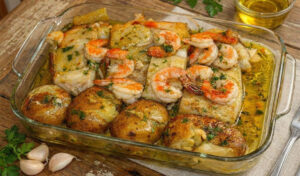 Bacalhau com camarão no forno (fica divinal e cheio de sabor)