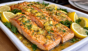 Salmão assado no forno com alho e limão