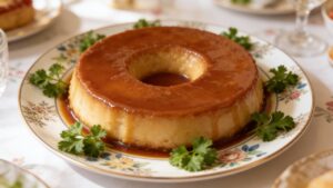 Desenformei o pudim e a calda escorreu criando a sobremesa perfeita