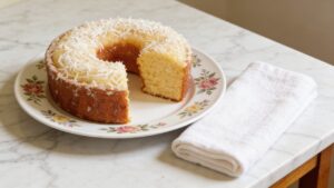 Bolo de coco de liquidificador macio que combina perfeitamente com a tarde