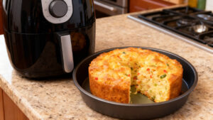 Em poucos minutos a airfryer transforma a massa em um bolo salgado delicioso