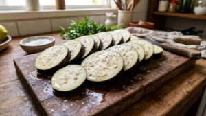 Adicionar sal grosso sobre as fatias e deixar descansar ao preparar berinjela: para que serve e por que é recomendado