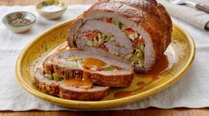 Lagarto recheado suculento que transforma carnes assadas em prato de domingo