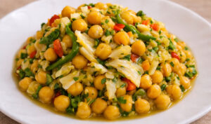 Salada de grão de bico e bacalhau (fácil de preparar e cheia de sabor)