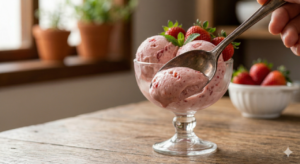 Com poucos ingredientes e muito sabor! O sorvete caseiro de morango que refresca e encanta